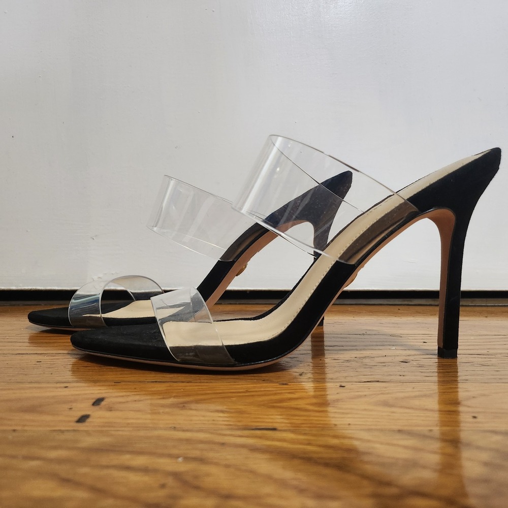 $295‎ Veronica Beard Asha 4" Heel Clear Bands With Suede Trim Sandal 9.5M Black